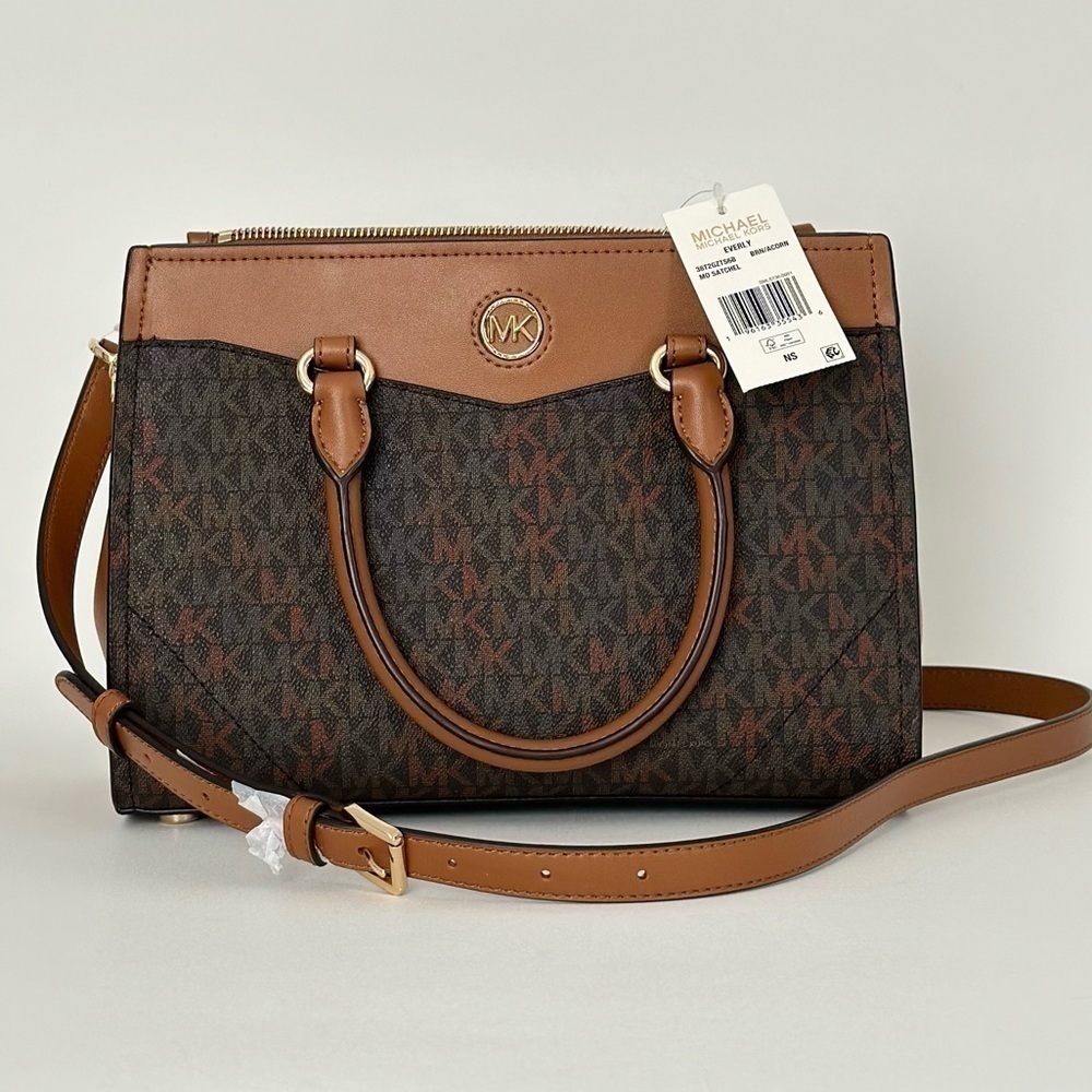 Michael Kors Everly Medium Satchel Crossbody Bag Brown Acorn Designer Purse - Picture 5 of 16
